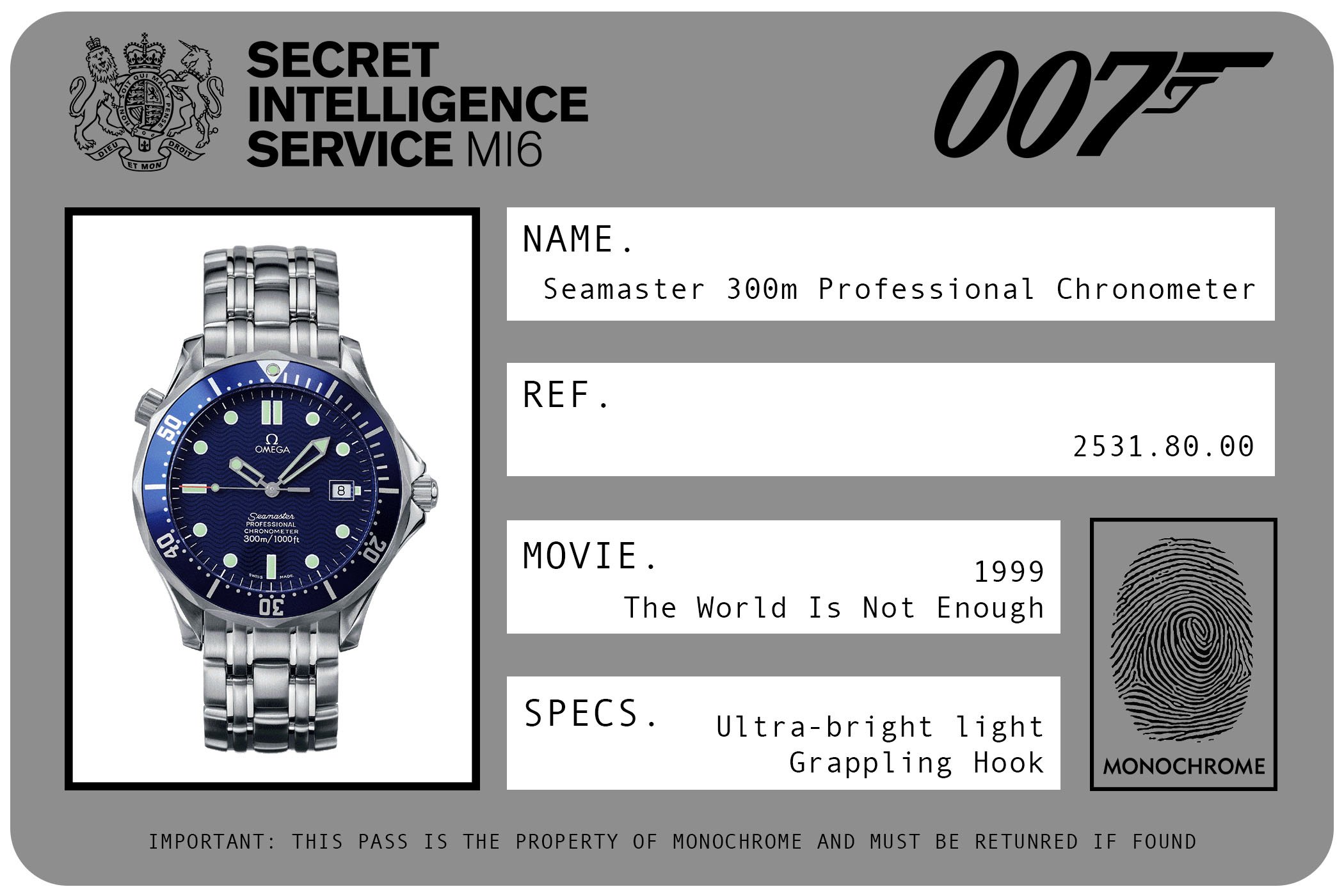1999 - Omega Seamaster 300m Professional Chronometer Automatic 2521.80.00 James Bond The World Is Not Enough ID Card