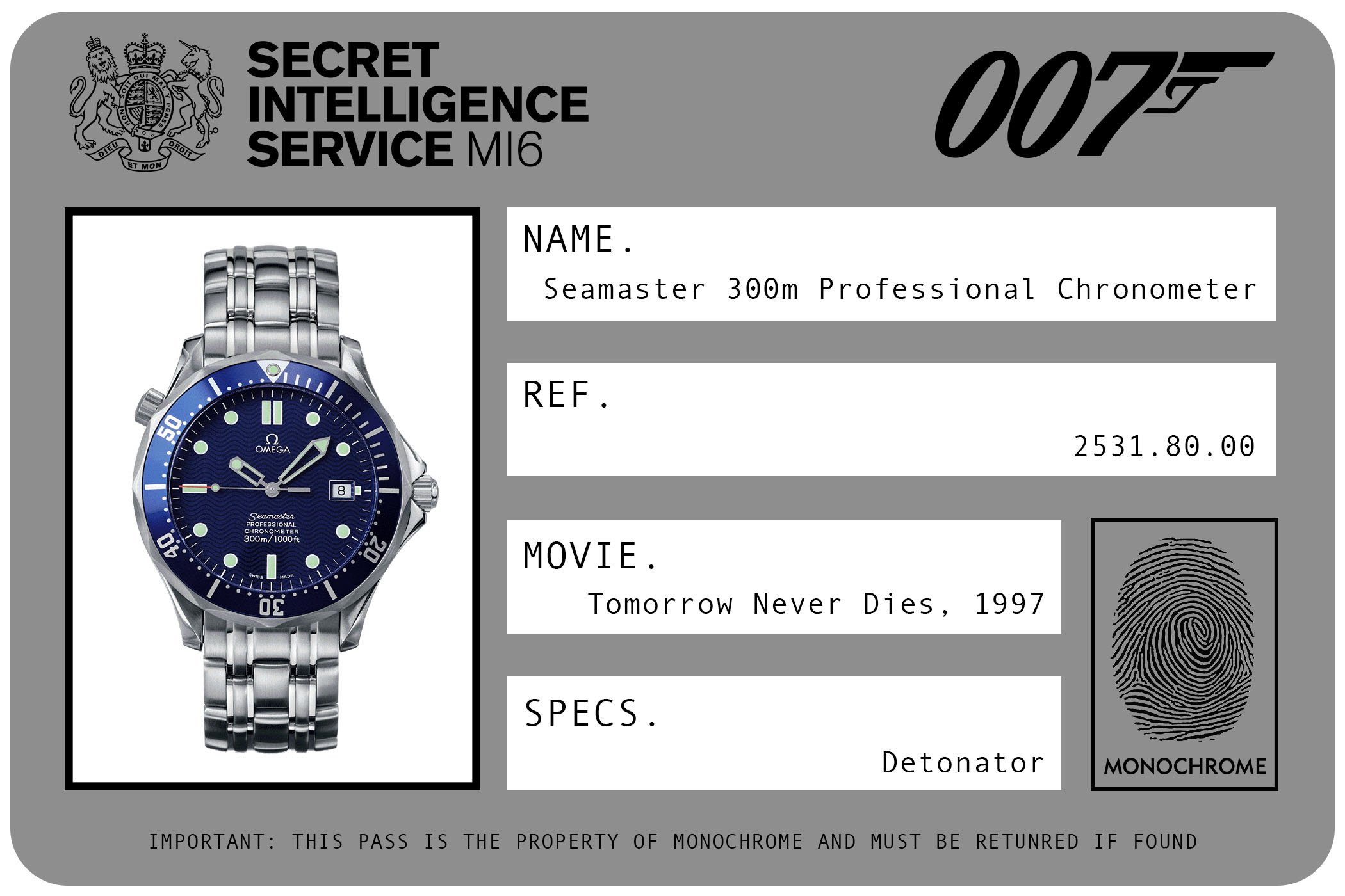 1997 - Omega Seamaster 300m Professional Chronometer Automatic 2521.80.00 James Bond Tomorrow Never Dies ID Card