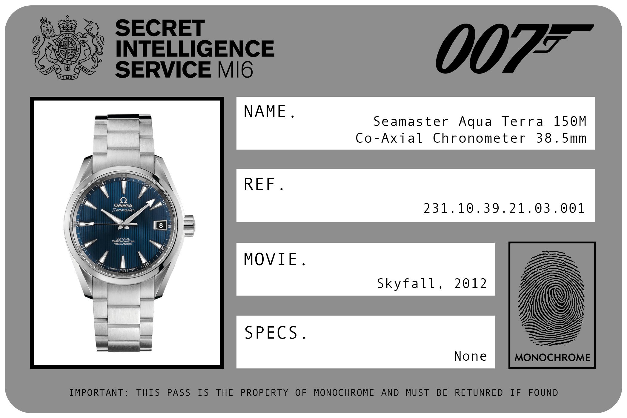 2012 - Omega Seamaster Aqua Terra 150M Co-Axial Chronometer 38.5mm 231.10.39.21.03.001 James Bond Skyfall ID Card