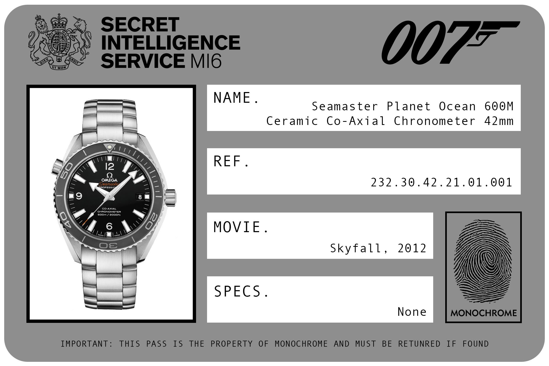2012 - Omega Seamaster Planet Ocean 600M Ceramic Co-Axial Chronometer 42mm 232.30.42.21.01.001 James Bond Skyfall ID Card