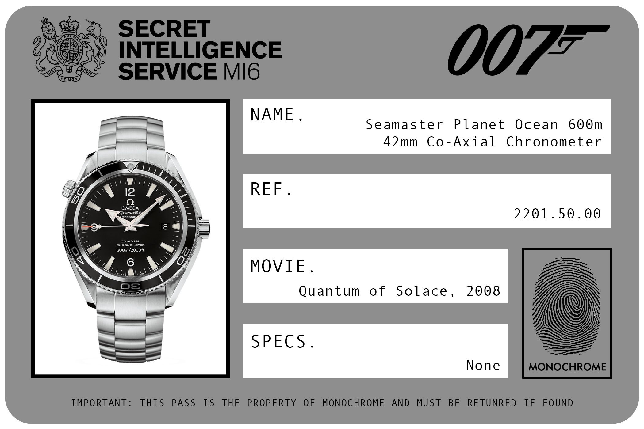 2008 - Omega Seamaster Planet Ocean 600m 42mm Co-Axial Chronometer 2201.50.50 James Bond Quantum of Solace ID Card