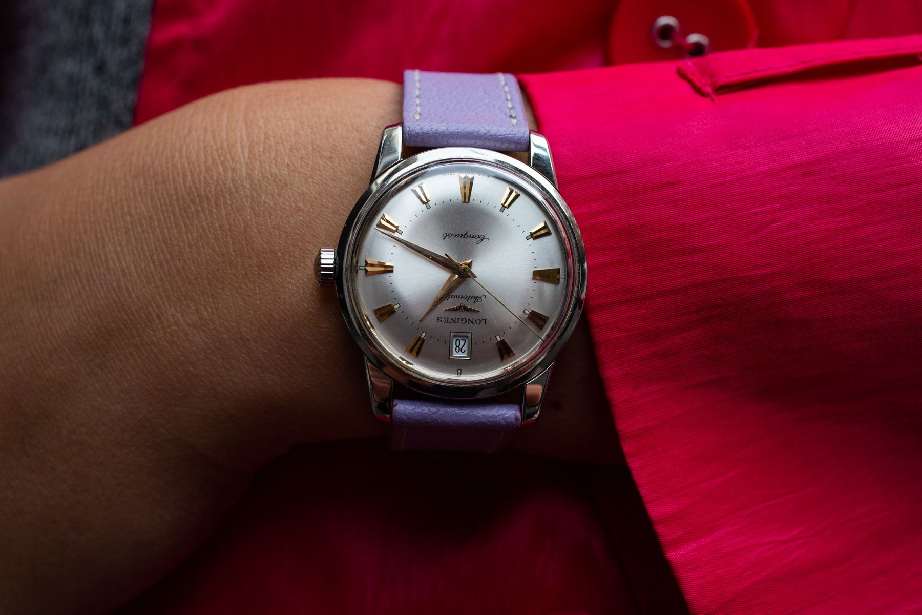 Colorful watch strap Longines Conquest lilac goatskin