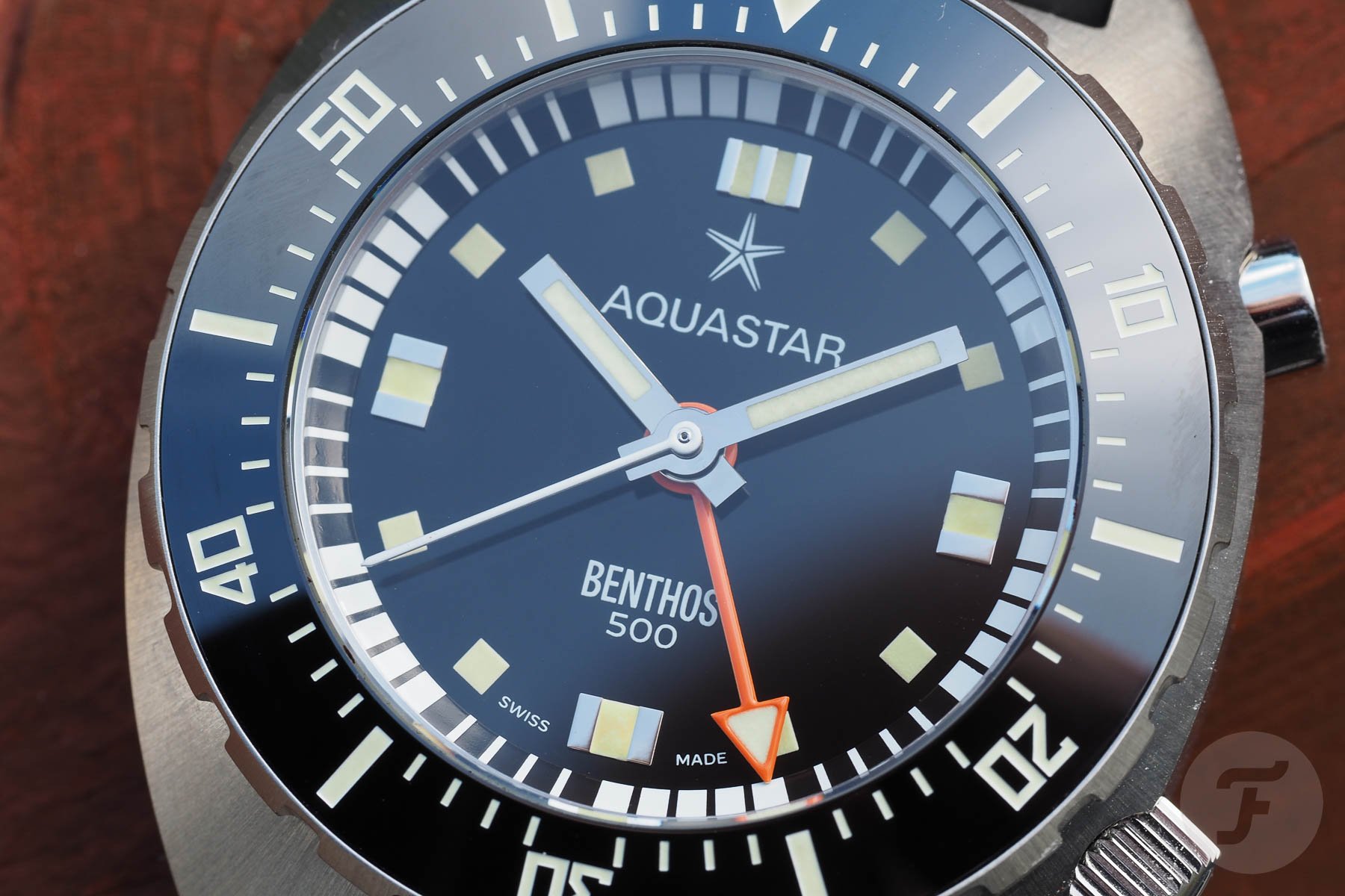 Aquastar Benthos 500 Founder’s Edition Chronograph dial close-up