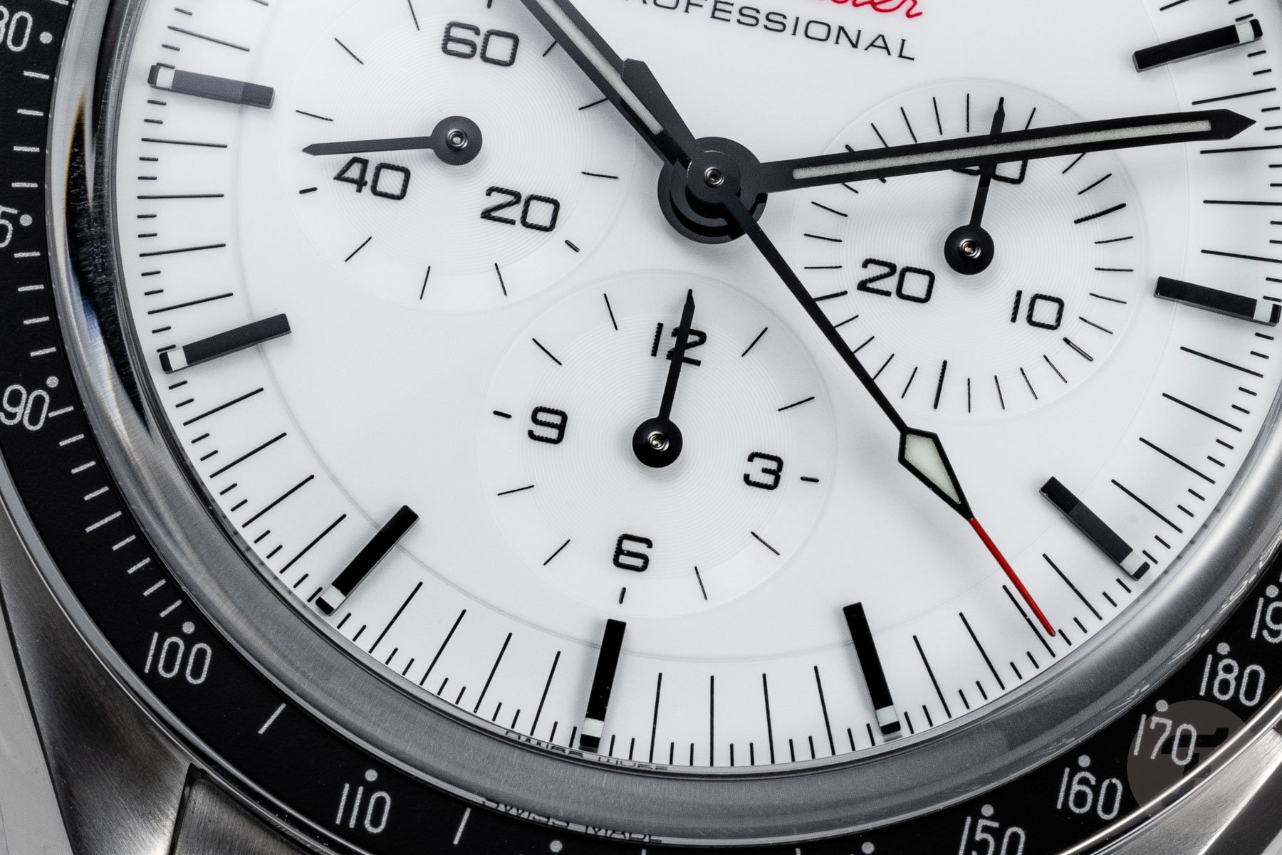 Omega Speedmaster Moonwatch white dial close-up