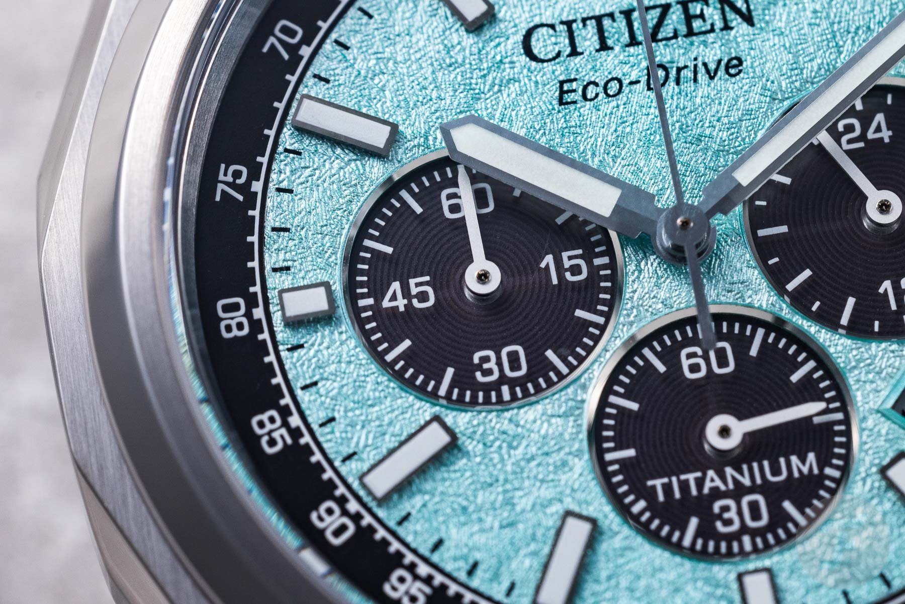 Citizen Super Titanium Eco-Drive Chrono green turquoise dial close-up