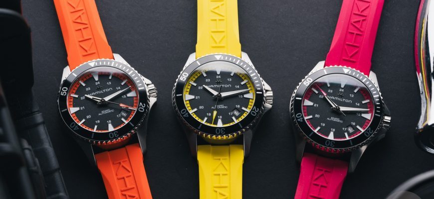 Три разноцветных наручных часов Hamilton Khaki Navy Scuba